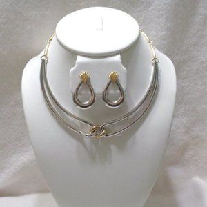 Shiny Silver-tone & Gold-tone Necklace & Pierced Earrings Set